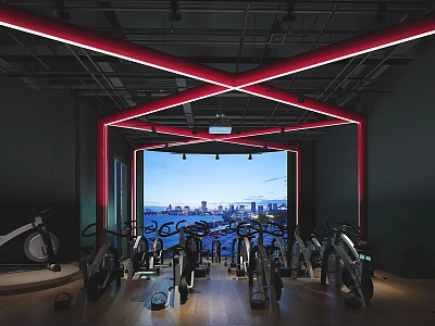 Modern Fitness Gym Interior With Spin Bikes Red Neon Lights And Cityscape View 3d model