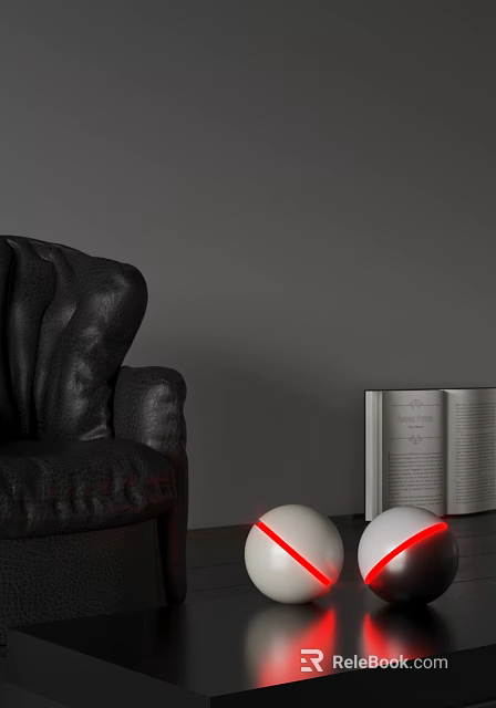 White Spherical Decorative Lights With Red Rings Near Black Leather Chair And Open Book 3d model 