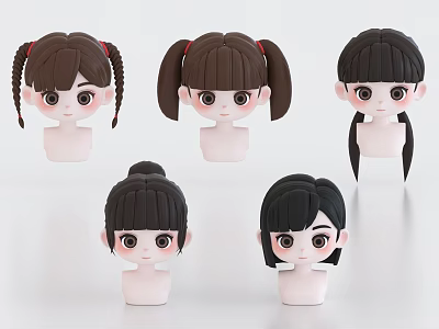 Cute Cartoon Girl Head Models With Various Hairstyles And Different Looks 3d model