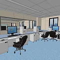 Modern Public Office Space Interior With Computers Desks Office Chairs Blue Carpet And Windows 3d model