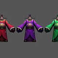 Three Men In Traditional Colorful Costumes With Red Purple Green Outfits And Hats