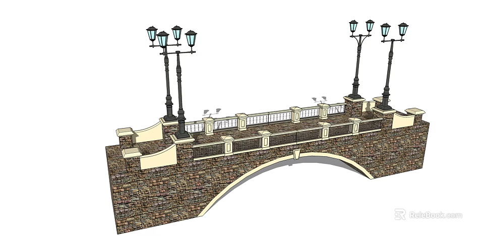 Arched Landscape Bridge With Stone Wall Street Lamps And Decorative Railing 3d model 