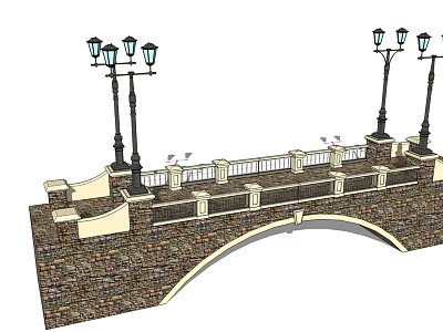Arched Landscape Bridge With Stone Wall Street Lamps And Decorative Railing 3d model