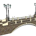 Arched Landscape Bridge With Stone Wall Street Lamps And Decorative Railing
