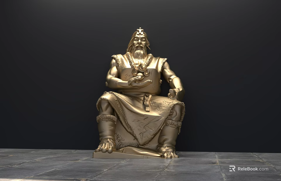 Golden Seated Figure Landscape Sculpture With Traditional Attire Intricate Details Dark Background And Stone Floor 3d model 