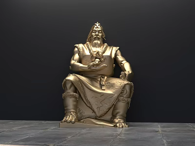 Golden Seated Figure Landscape Sculpture With Traditional Attire Intricate Details Dark Background And Stone Floor 3d model
