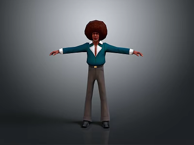 Man With Afro Hairstyle Wearing Green Shirt Brown Pants Black Shoes And Arms Outstretched 3d model