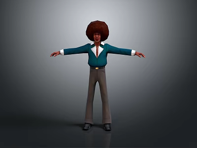 Man With Afro Hairstyle Wearing Green Shirt Brown Pants Black Shoes And Arms Outstretched 3d model