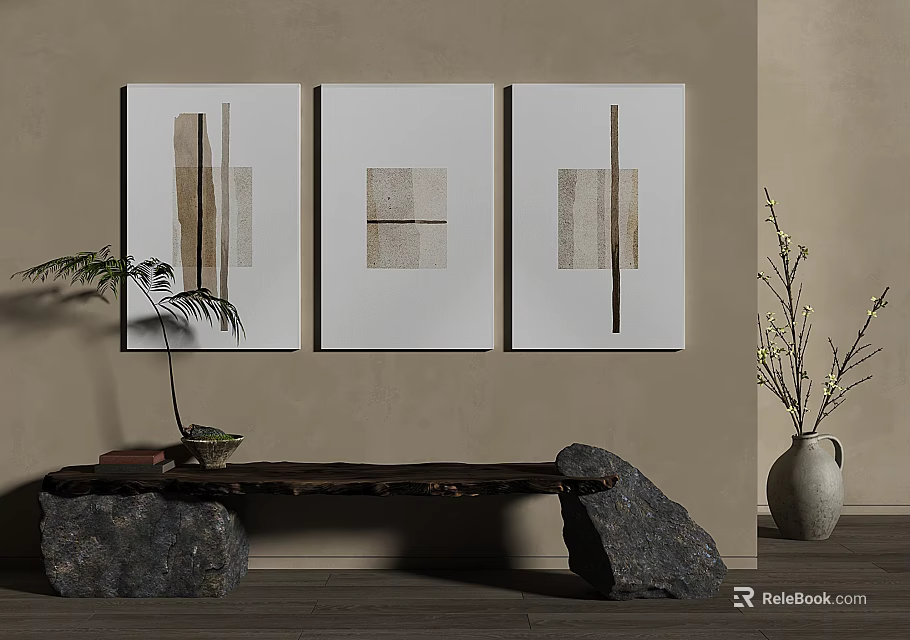 Minimalist Photo Wall With Three Paintings On Beige Wall Wooden Bench And Green Plants 3d model 