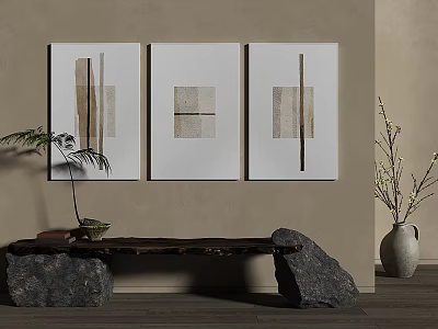 Minimalist Photo Wall With Three Paintings On Beige Wall Wooden Bench And Green Plants 3d model