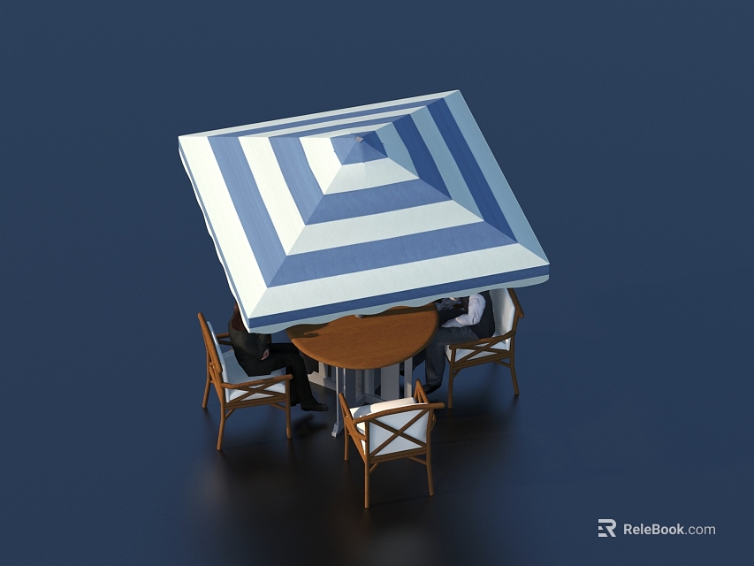 Set of Four Outdoor Chairs with Round Wooden Table Under Blue White Striped Umbrella 3d model 