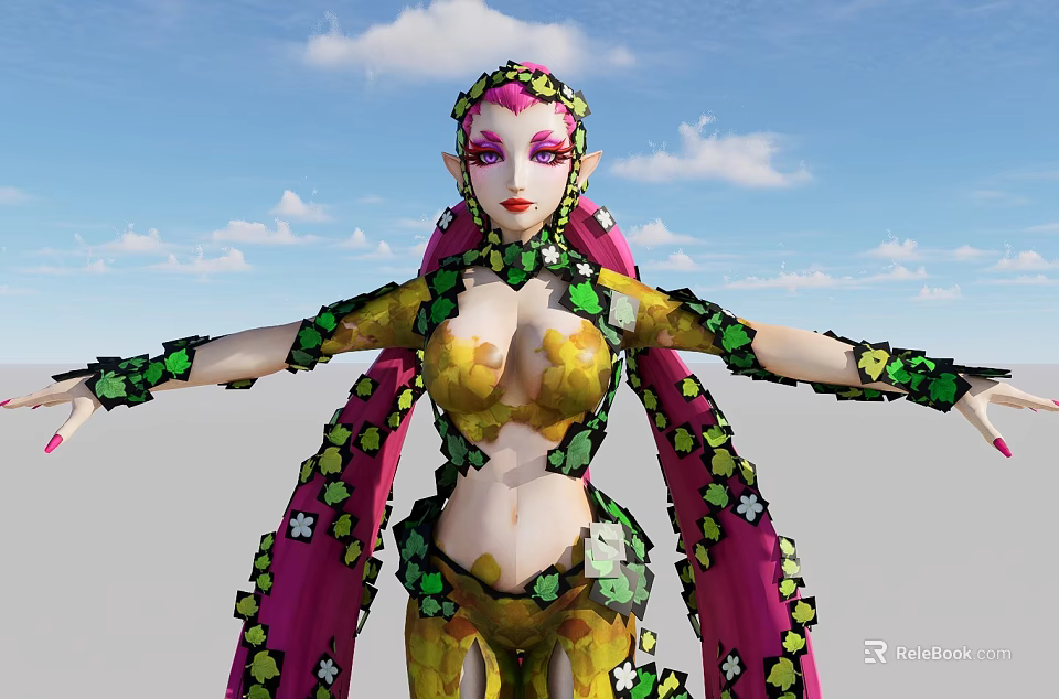 Fantasy Game Character With Pink Hair And Clover Decorated Outfit 3d model 