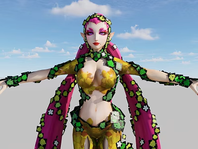 Fantasy Game Character With Pink Hair And Clover Decorated Outfit 3d model