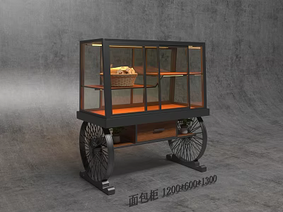 Illuminated Bread Display Cabinet Shelf with Glass Doors and Wheel Design 3d model