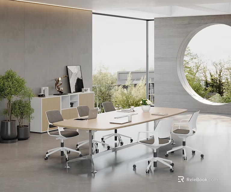 Modern Public Office Space With Long Table Wheeled Chairs Large Windows And Green Plants 3d model 