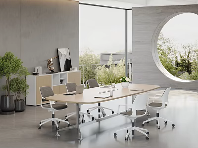Modern Public Office Space With Long Table Wheeled Chairs Large Windows And Green Plants 3d model