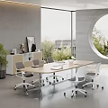 Modern Public Office Space With Long Table Wheeled Chairs Large Windows And Green Plants