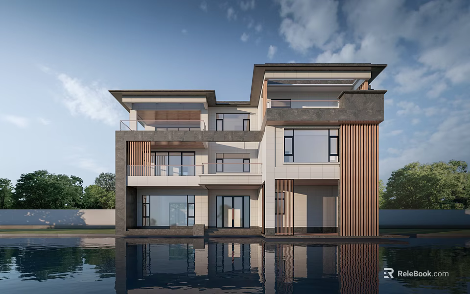 Modern Detached Villa With Water Pool Reflection And Large Glass Windows 3d model 