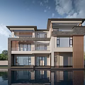 Modern Detached Villa With Water Pool Reflection And Large Glass Windows 3d model
