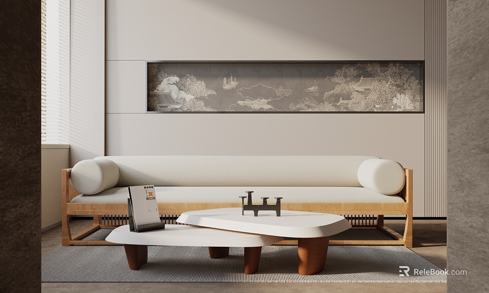 Cozy Modern Sofa And Coffee Table Set With Wooden Legs And Landscape Painting 3d model 