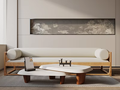Cozy Modern Sofa And Coffee Table Set With Wooden Legs And Landscape Painting 3d model