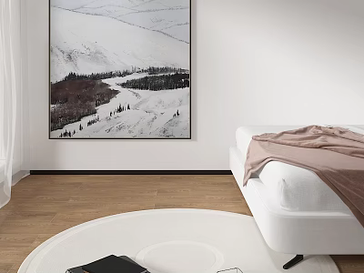 Round White Rug in Modern Bedroom with White Bed Brown Blanket Mountain Painting Wooden Floor 3d model