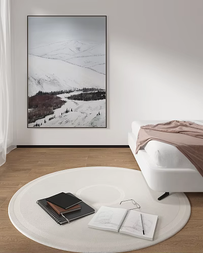 Round White Rug in Modern Bedroom with White Bed Brown Blanket Mountain Painting Wooden Floor 3d model