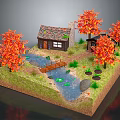 Rustic Scenic View Featuring Cozy Cabin Red Autumn Trees And Wooden Bridge Over Stream