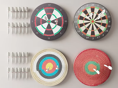 Sports Equipment Set Featuring Colorful Dartboards And Multiple Darts 3d model