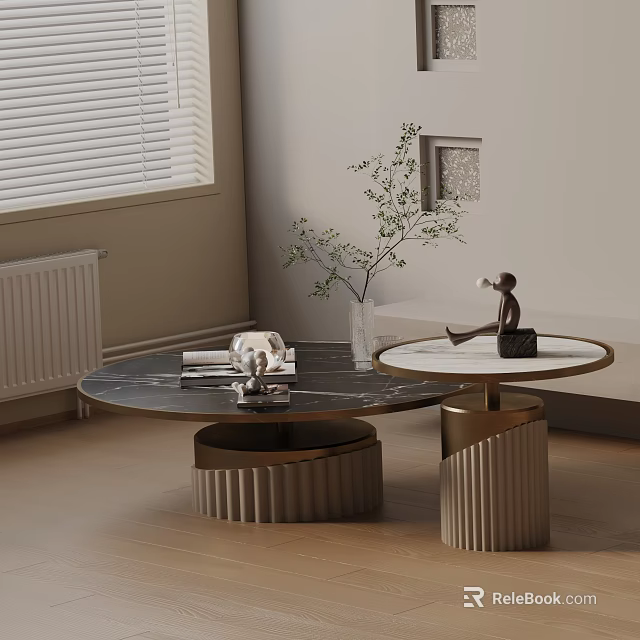 Elegant Modern Sofa And Coffee Table Set With Round Marble Tops And Metal Bases 3d model 