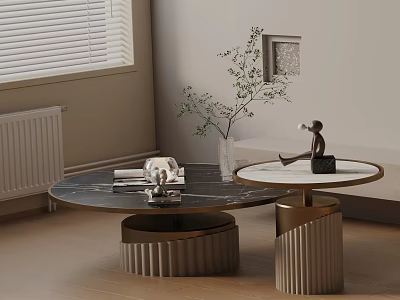 Elegant Modern Sofa And Coffee Table Set With Round Marble Tops And Metal Bases 3d model