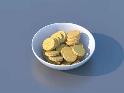 Delicious Golden Yellow Cookies in White Ceramic Bowl on Blue Background Surface 3d model