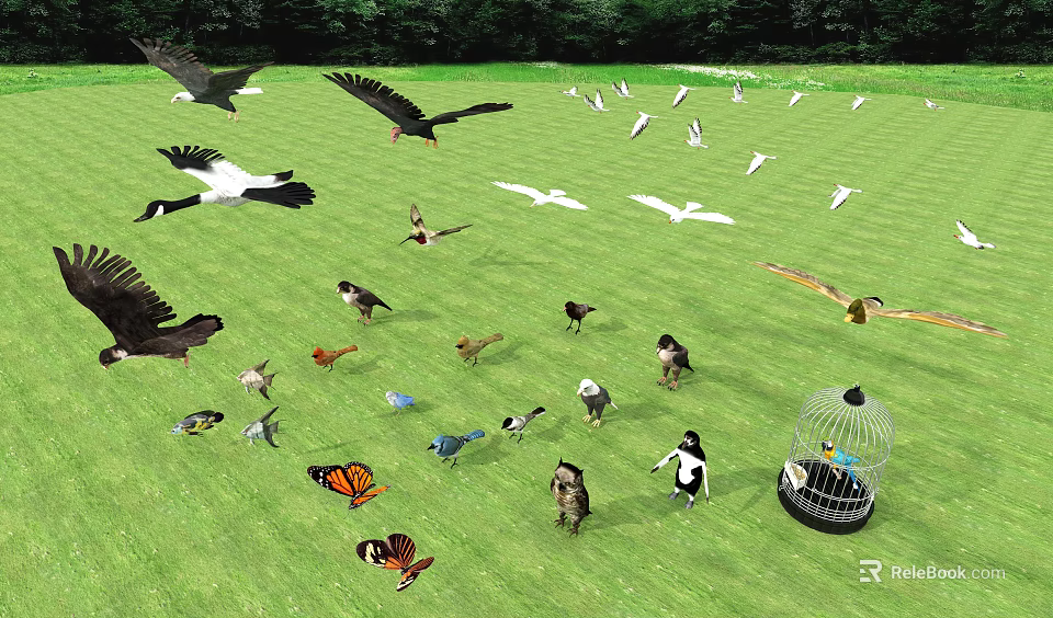 Various Flying Animals Including Birds And Butterflies On Green Grassland With Woodland Background And Birdcage 3d model 