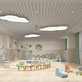 Kindergarten Classroom Interior Featuring Cloud Lights Tree Wall Decor And Playful Learning Space 3d model
