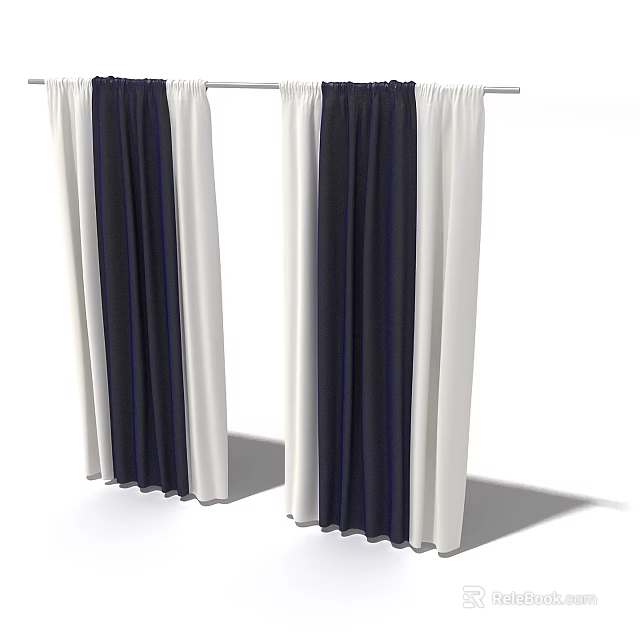 Black and White Color Block Curtain Design With Double Panel Textured Fabric 3d model 