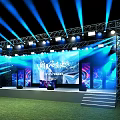 Outdoor Stage Setup With Blue Lighting Truss Framework Large Screen And Steps On Grass Field 3d model