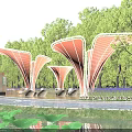 Illuminated Petal Shaped Pergola In Night Garden With Trees Water And Seats
