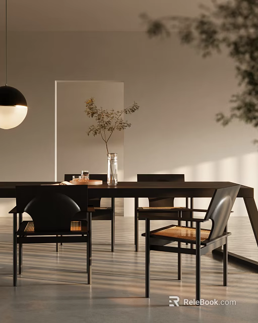 Modern Dining Table Set With Black Chairs Pendant Light Vase Plant In Sunlit White Room 3d model 