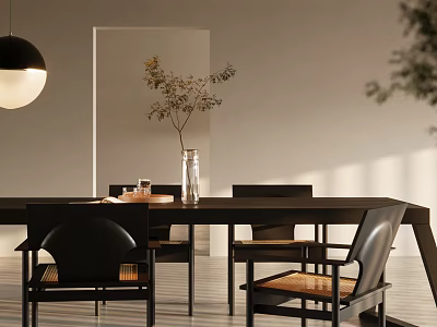 Modern Dining Table Set With Black Chairs Pendant Light Vase Plant In Sunlit White Room 3d model