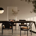 Modern Dining Table Set With Black Chairs Pendant Light Vase Plant In Sunlit White Room