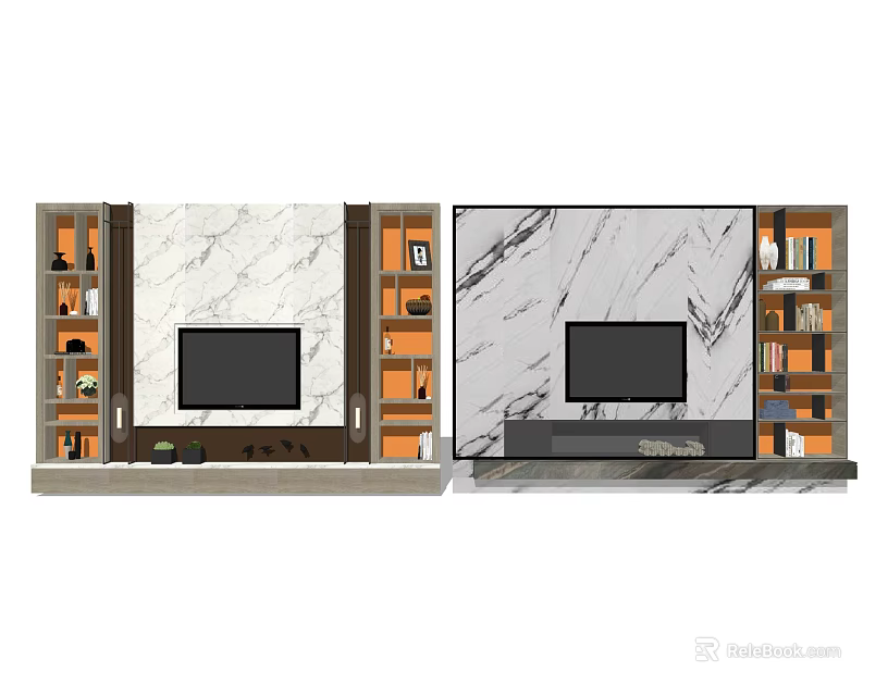 Modern TV Background Wall Interior Design With Marble Texture And Wooden Cabinets 3d model