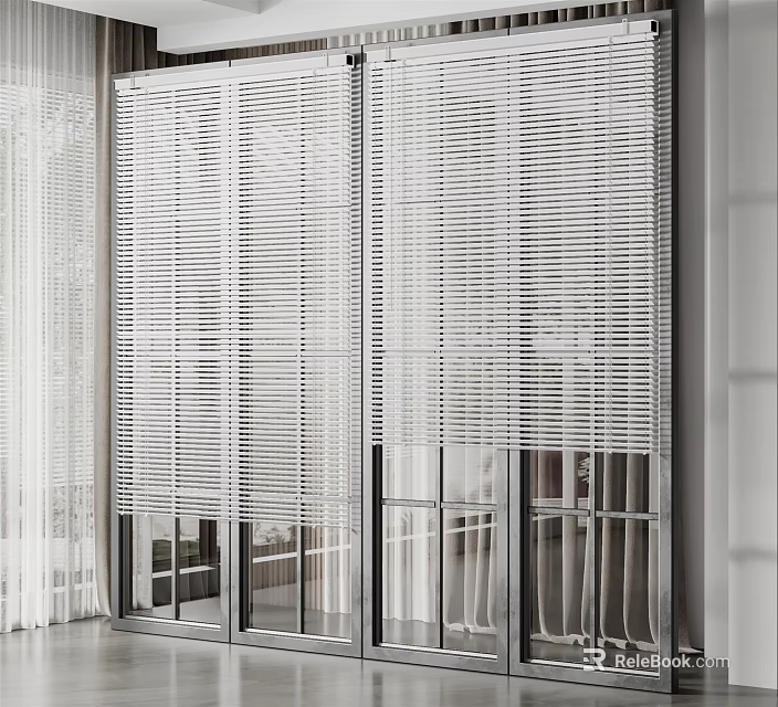 Modern White Vertical Blinds Enhance Sliding Glass Doors In Stylish Interior 3d model 