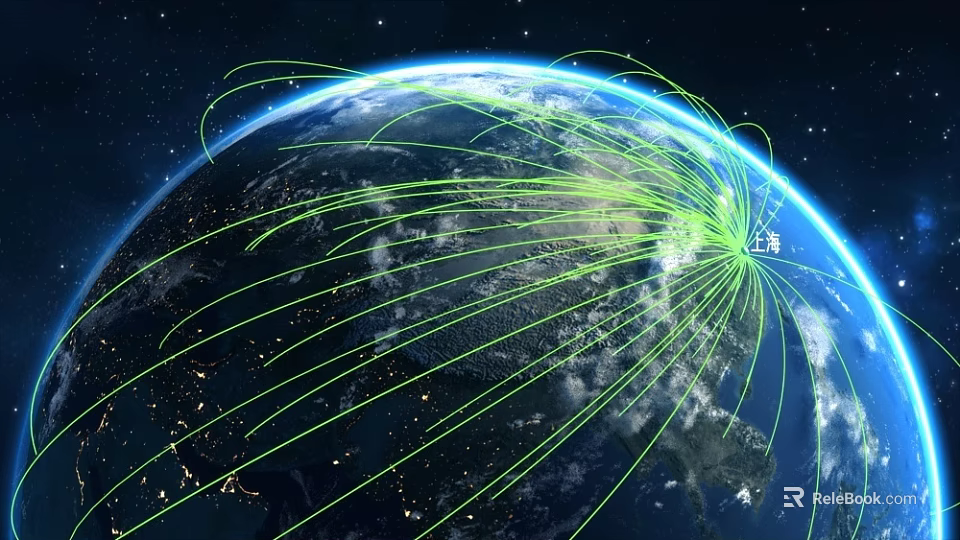 Earth View From Space With Green Connection Lines And Global City Lights 3d model 