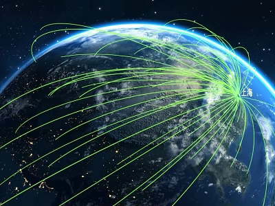 Earth View From Space With Green Connection Lines And Global City Lights 3d model