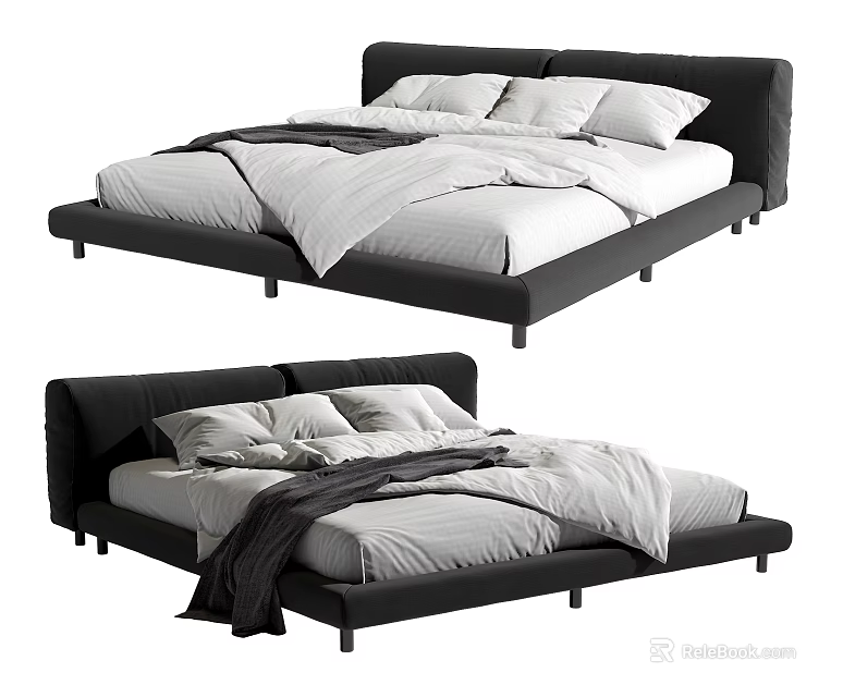 Modern Minimalist Double Bed With Black Frame White Sheets And Gray Blanket 3d model 