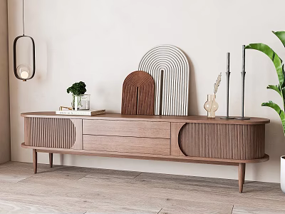 Modern Minimalist Wooden TV Stand With Drawers Curved Decorative Panels And Green Plant 3d model