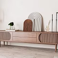 Modern Minimalist Wooden TV Stand With Drawers Curved Decorative Panels And Green Plant