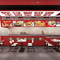 Red Decor Restaurant Interior With Menu Posters Tables And Signature Dishes