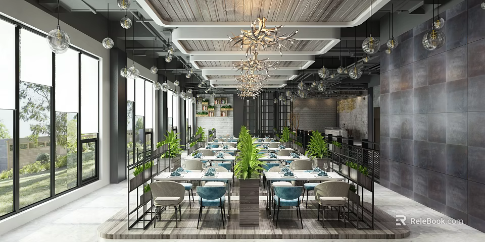 Elegant Restaurant Interior With Chandeliers Green Plants Dining Tables Chairs And Large Windows 3d model 