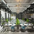 Elegant Restaurant Interior With Chandeliers Green Plants Dining Tables Chairs And Large Windows